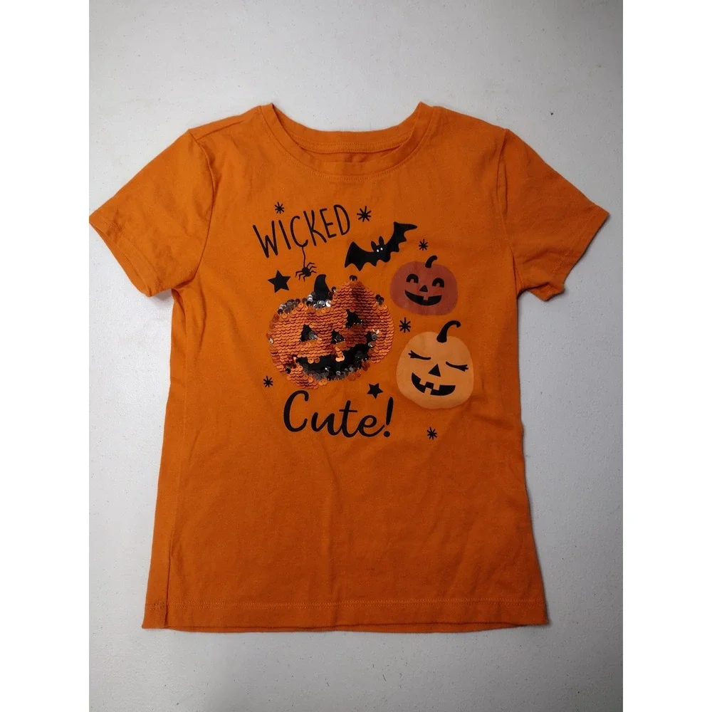 Wonder Nation Girls Orange Wicked Cute Halloween Pumpkin Sequin Tee S 6-6X